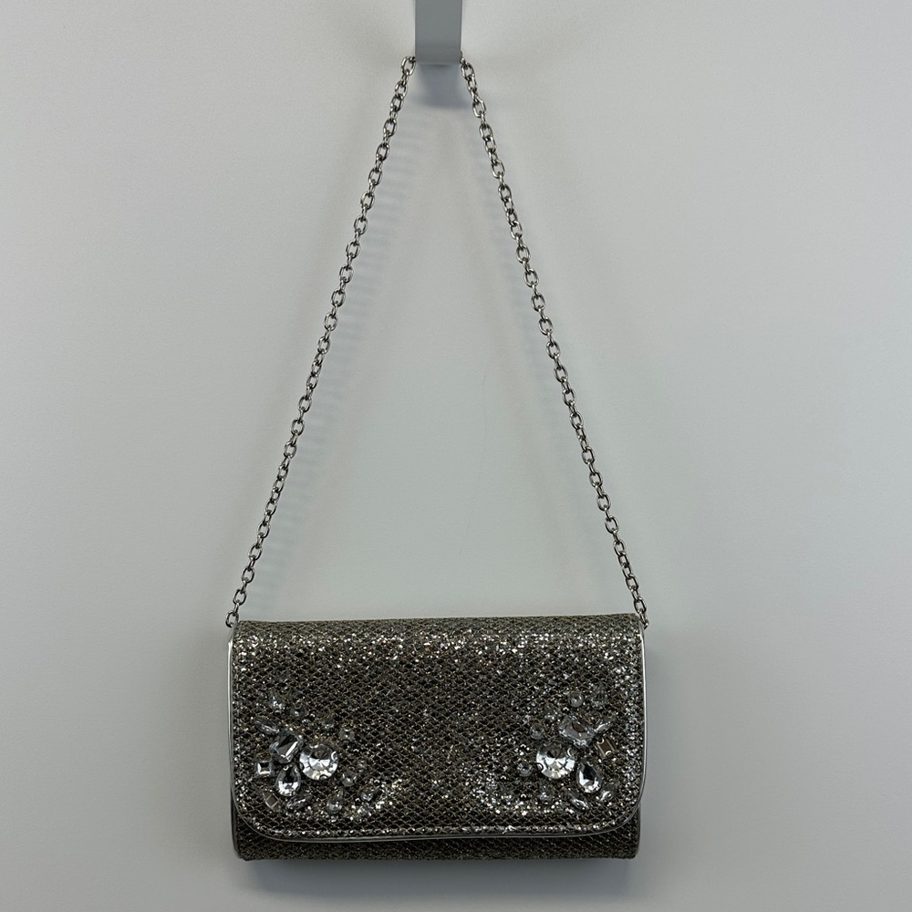 Gianni Bini Crystal Embellished Chain Clutch Silver Gold Rhinestone Evening Bag